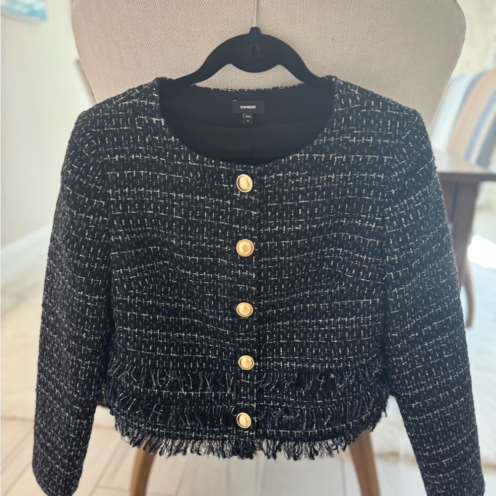 Express Black Tweed Fringe Jacket with Gold Buttons